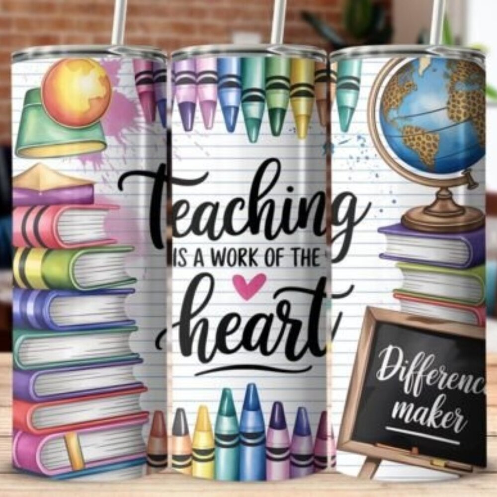 Teacher/School Themed 20oz Sublimated Stainless Steel Tumbler with Lid & Straw.